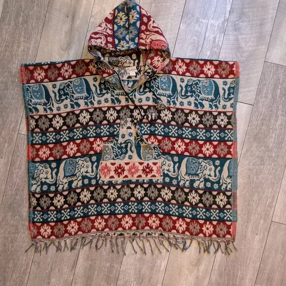 Elephant Print Woven Hooded Boho Poncho | Festival Artwear Fringe Beach Layer - Picture 10 of 14